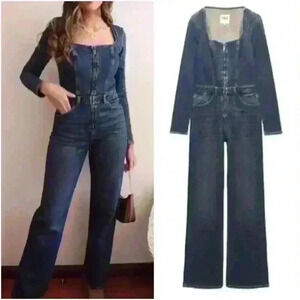 ZARA DENIM Long Sleeve Utility Square Neck JUMPSUIT Women’s Medium